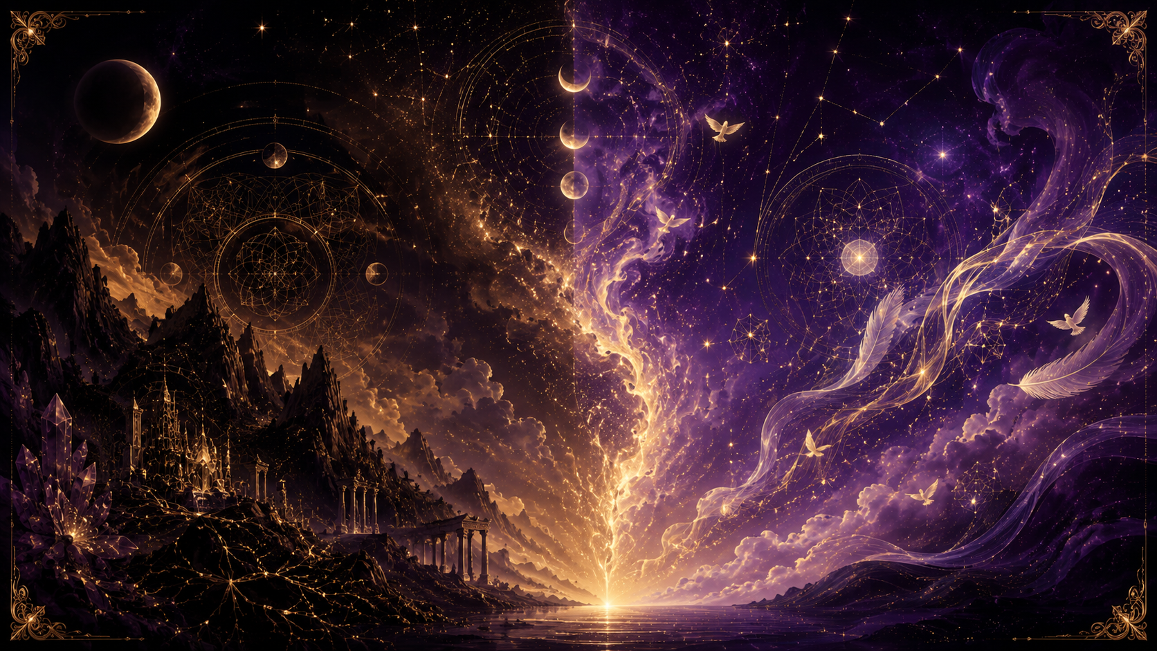 A purple and gold cosmic landscape with constellations, chart circles, and flowing light