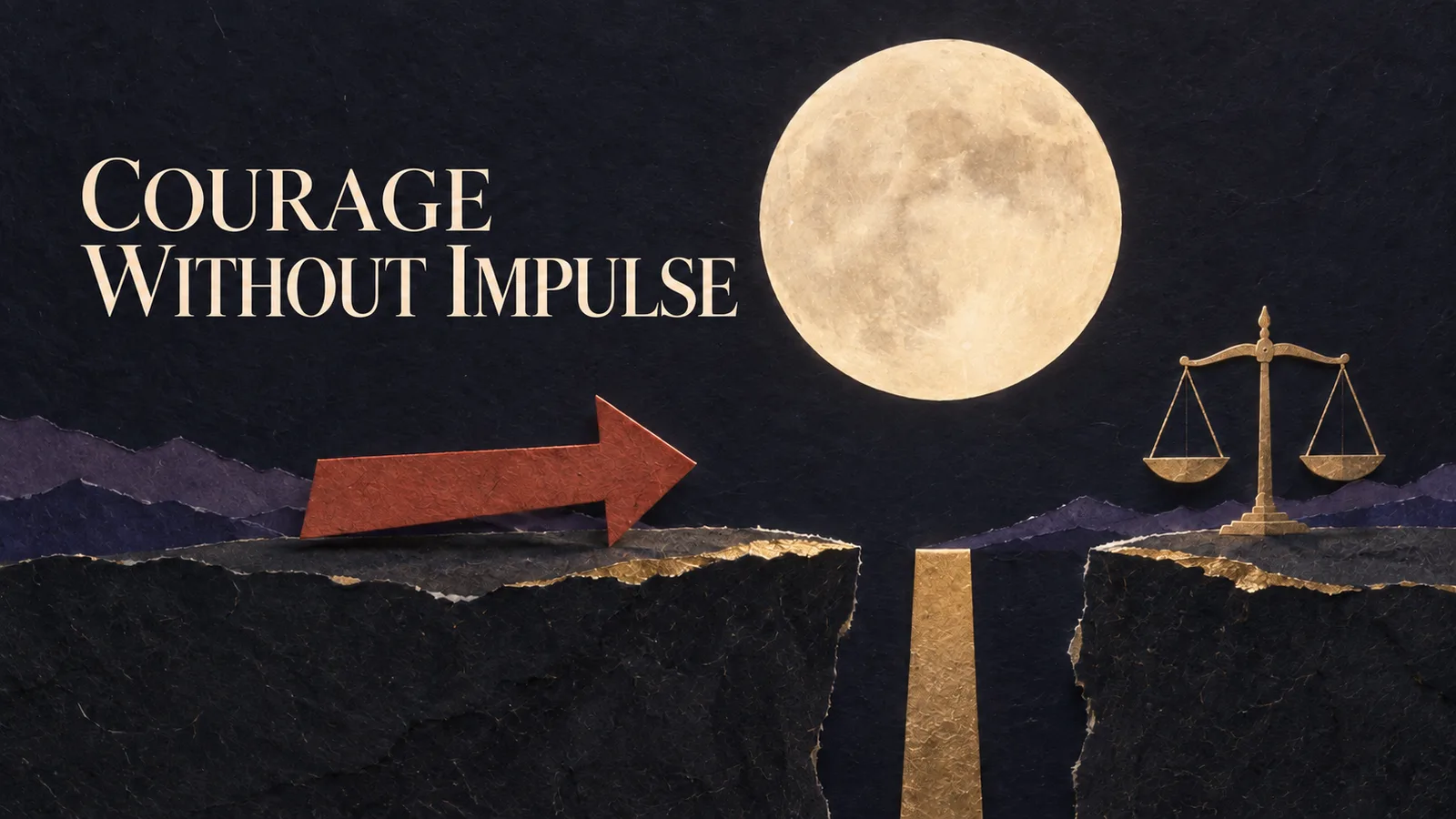 Paper collage with a full moon, a red forward arrow paused at a threshold, a golden balance scale, and the headline Courage Without Impulse.