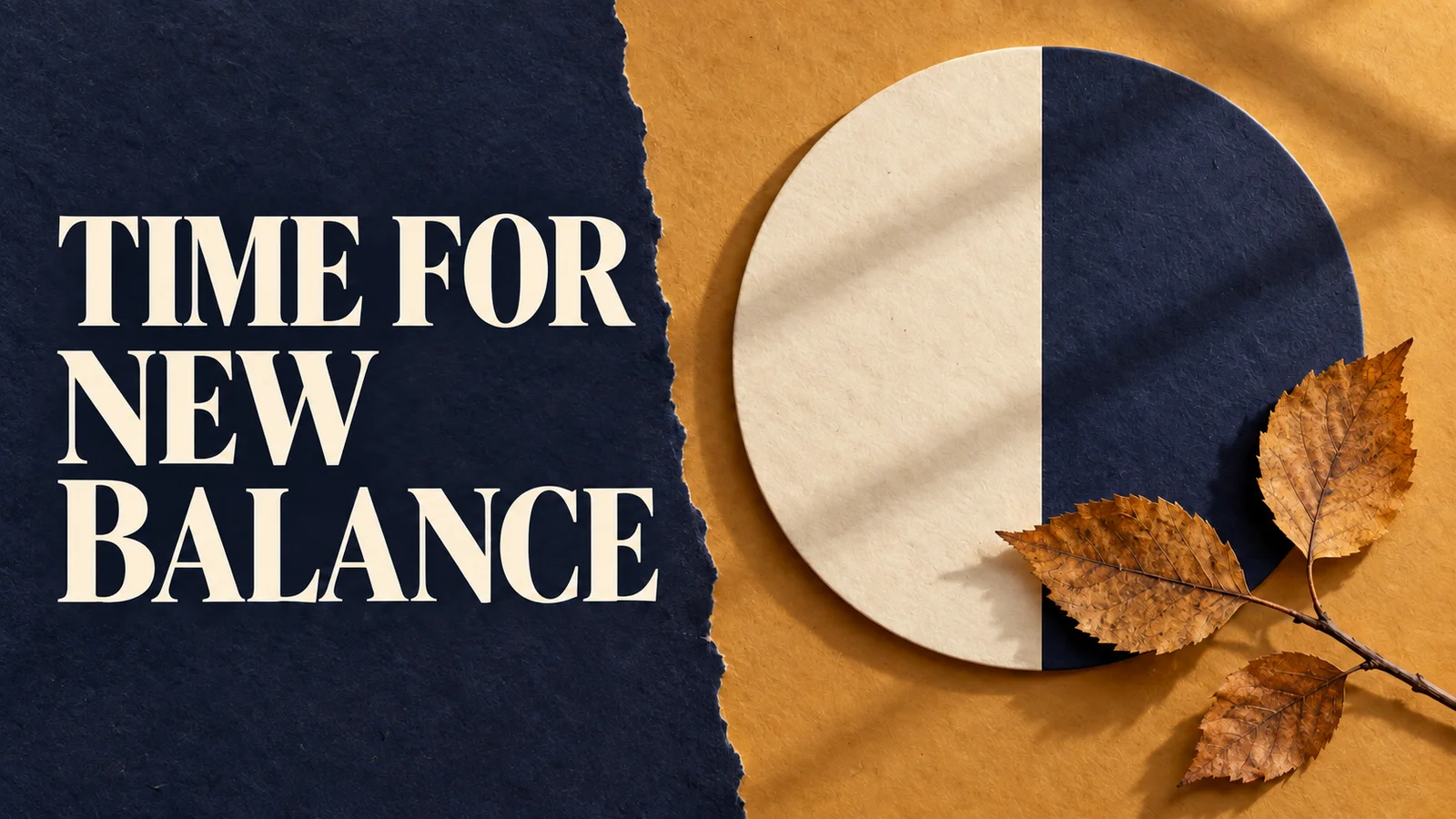 Paper collage with a cream and indigo circle, autumn leaves, and the headline Time for New Balance.
