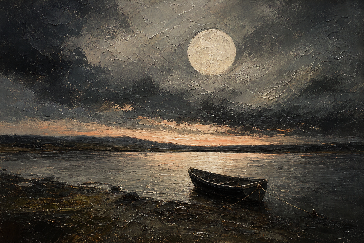 Textured oil painting of a moonlit lake, a small moored boat, and the first warm light of dawn