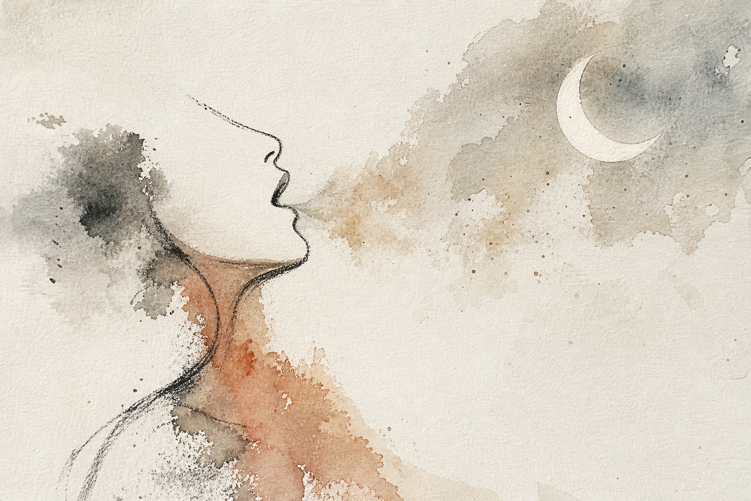 Minimal watercolor and charcoal profile releasing a quiet breath toward a pale crescent moon