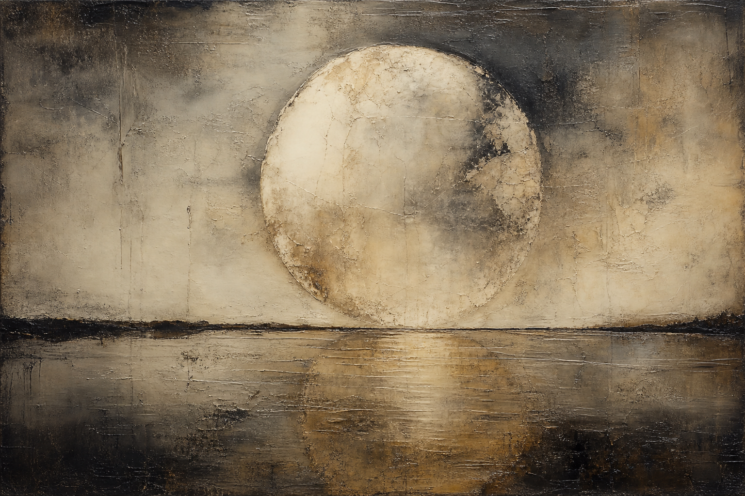 Encaustic painting of a large pale moon above a dark reflective stretch of water