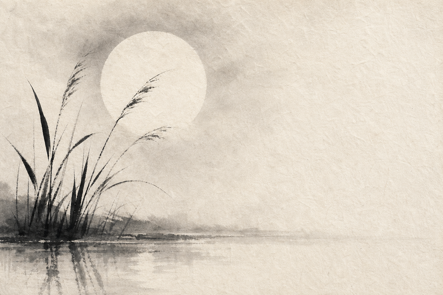 Ink painting of a low moon behind reeds, suggesting a quiet transition rather than a hard ending