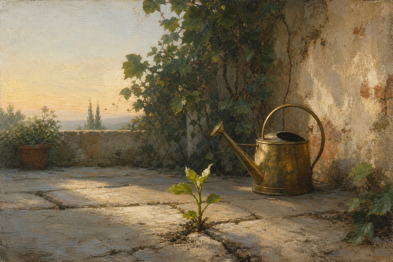 Oil painting of a young shoot between old stone tiles beside a brass watering can in morning light