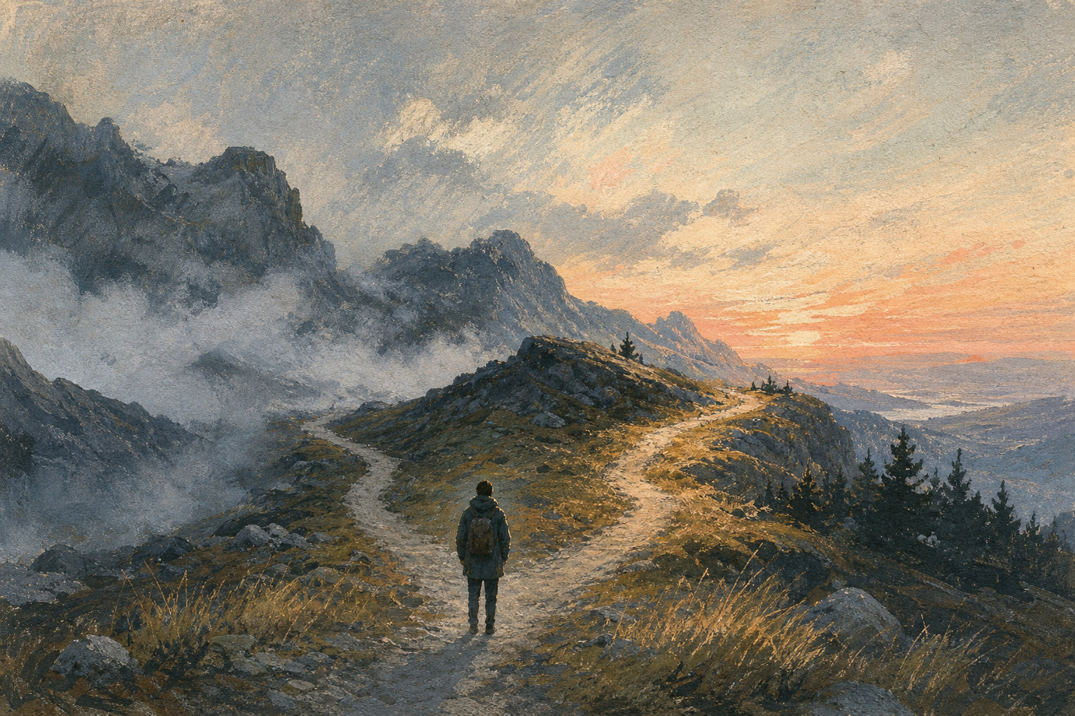 A person at a mountain crossroads symbolizing sudden insight and conscious change