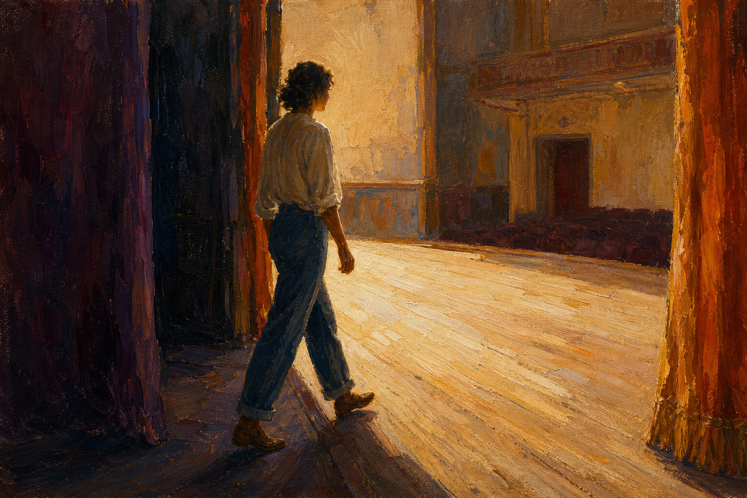 Expressive oil painting of a person stepping from a dark theater wing into warm stage light