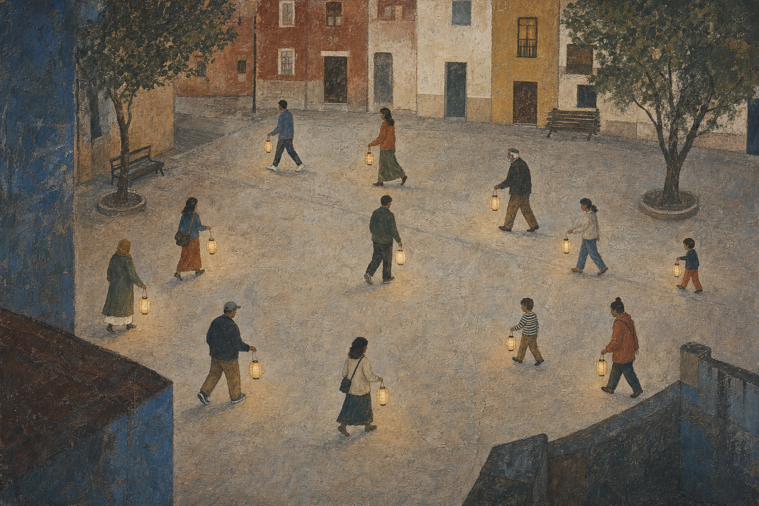 Glowing lanterns in a quiet square, symbolizing thoughts becoming clearer in the right environment
