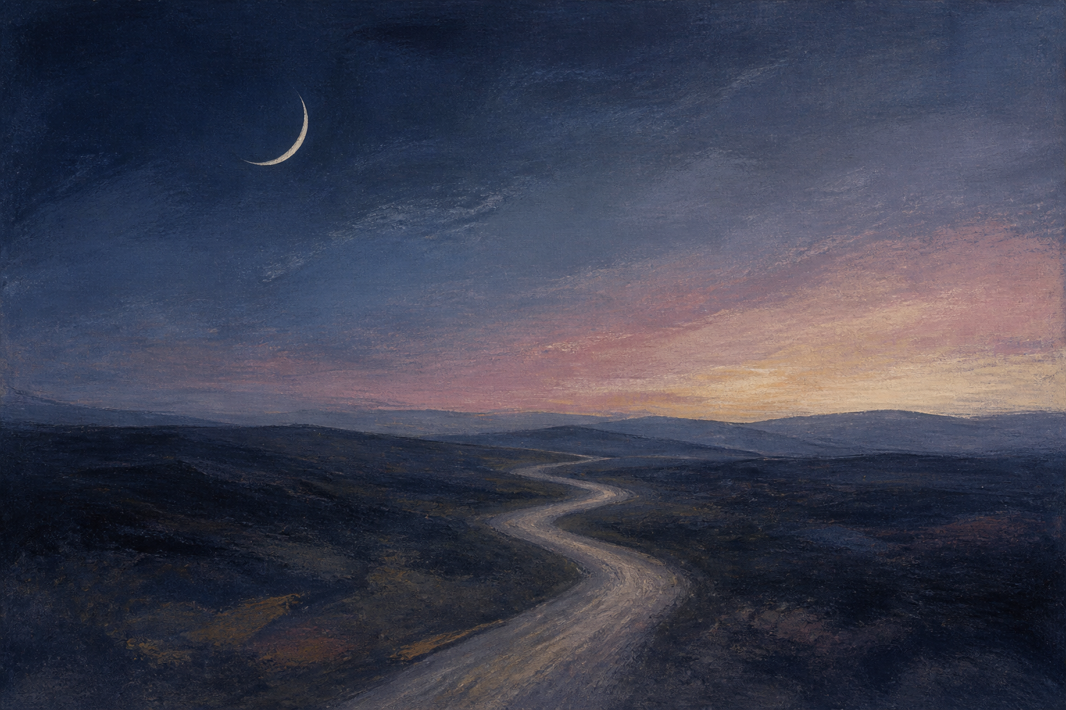 A pale winding path beneath a slender crescent moon, suggesting pause and a direction that remains open