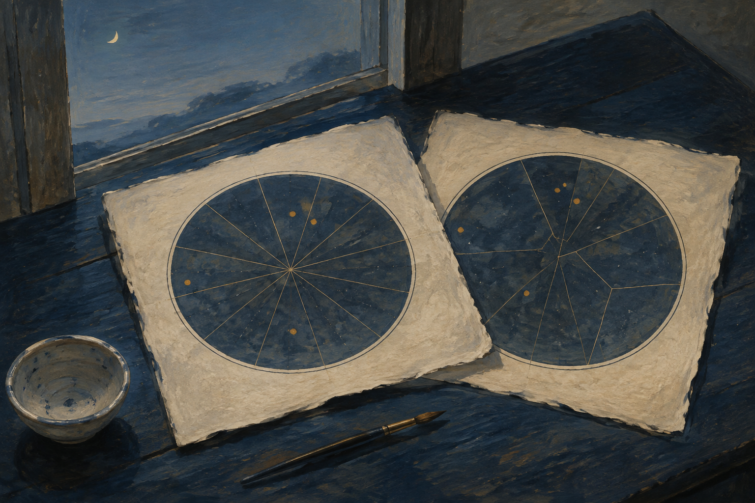Painterly illustration of two circular sky maps on cream paper beside a blue twilight window