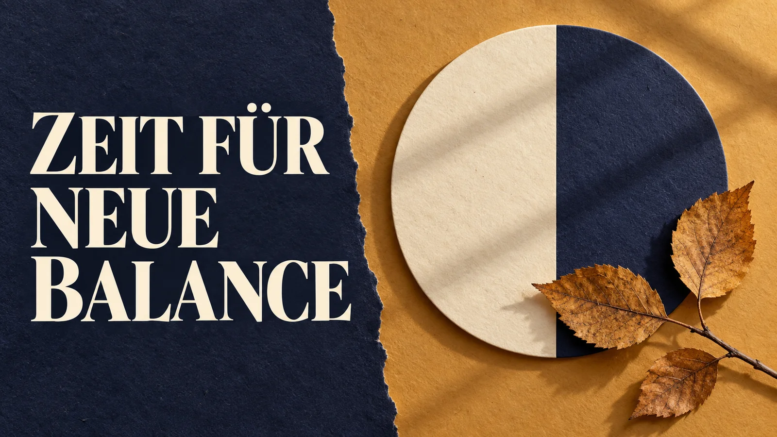 Papiercollage mit einem cremefarbenen und indigoblauen Kreis, Herbstblättern und der Überschrift Zeit für neue Balance.