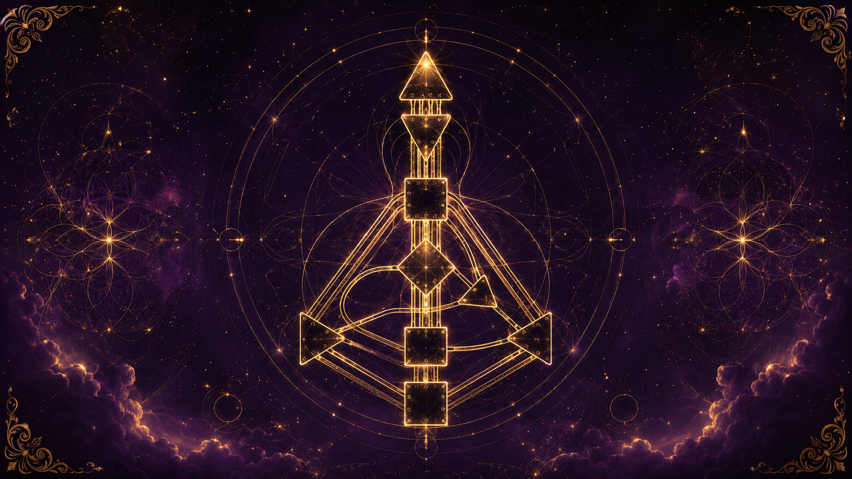 Wide purple and gold Human Design bodygraph artwork with sacred geometry and stars