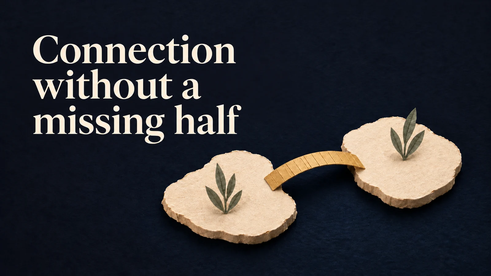Paper collage on indigo: Two complete cream islands with leaf shapes are joined by an ochre bridge. Headline: Connection without a missing half.
