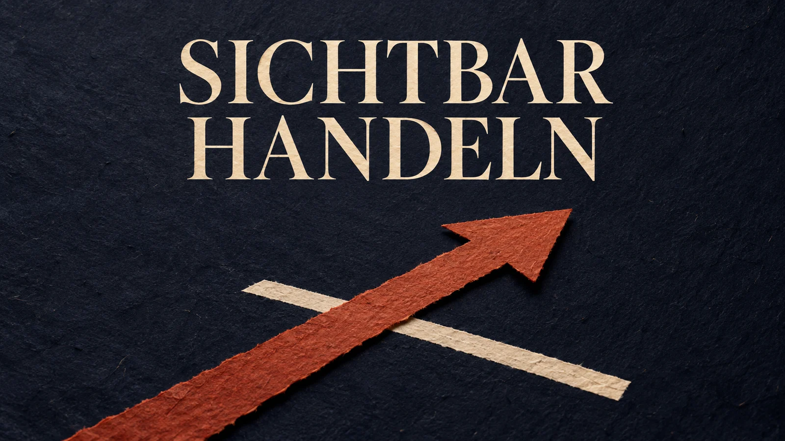 Papiercollage mit rotem Startknopf, ockerfarbener Spur und der Überschrift Sichtbar handeln