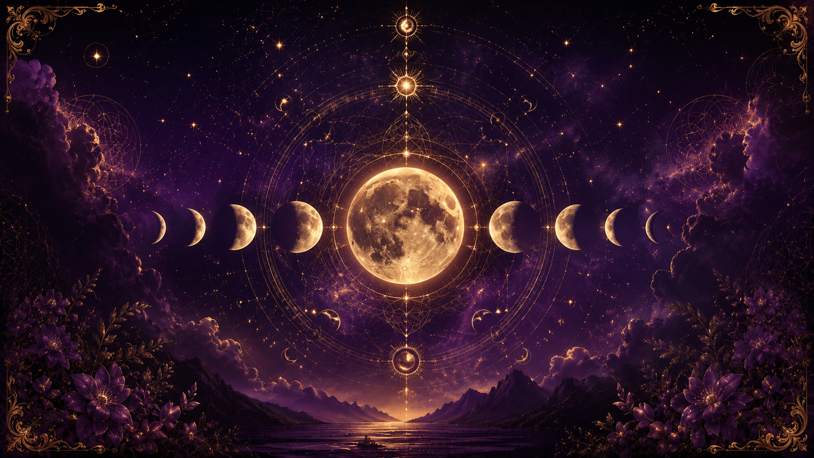 Purple and gold moon-phase artwork as a calm visual accent