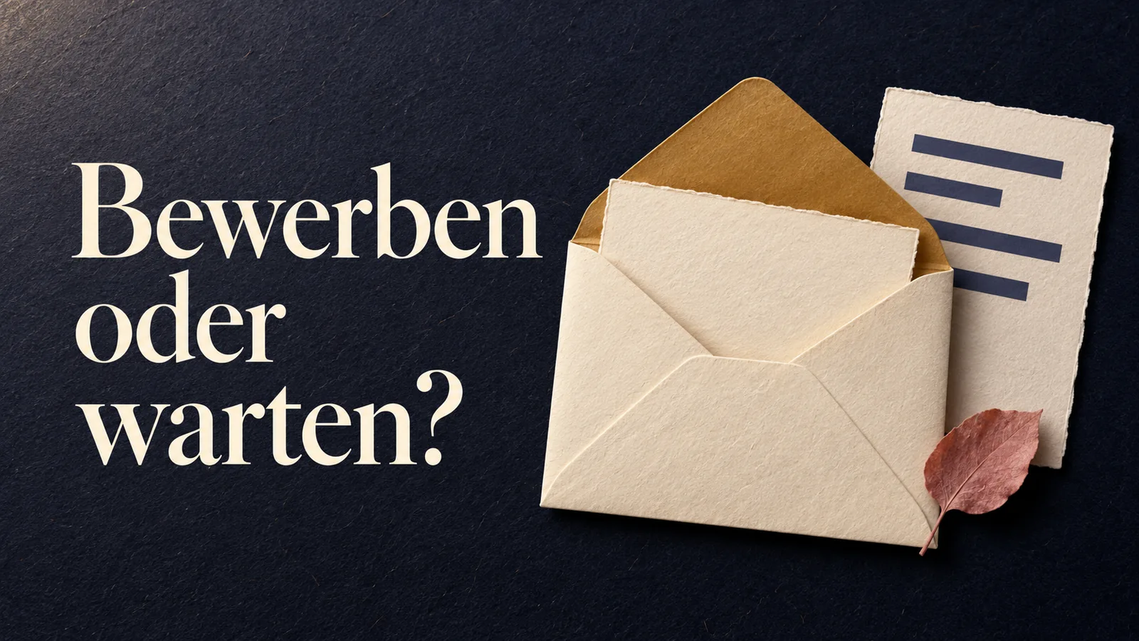 Papiercollage auf Indigo mit offenem cremefarbenem Umschlag, ockerfarbener Klappe, Arbeitsprobe mit dunklen Balken und einem roséfarbenen Papierblatt. Bildüberschrift: Bewerben oder warten?