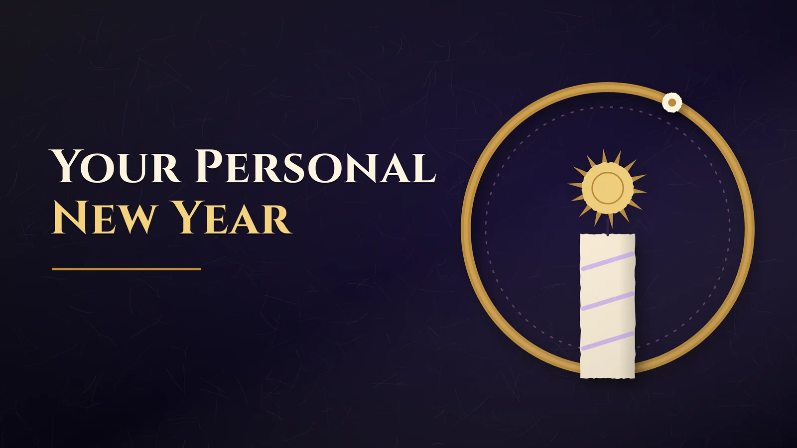 Paper collage on deep indigo: a cream paper birthday candle with violet stripes whose flame is a small gold paper sun, standing inside a gold paper ring with a small cream marker at its starting point, beside the headline Your Personal New Year