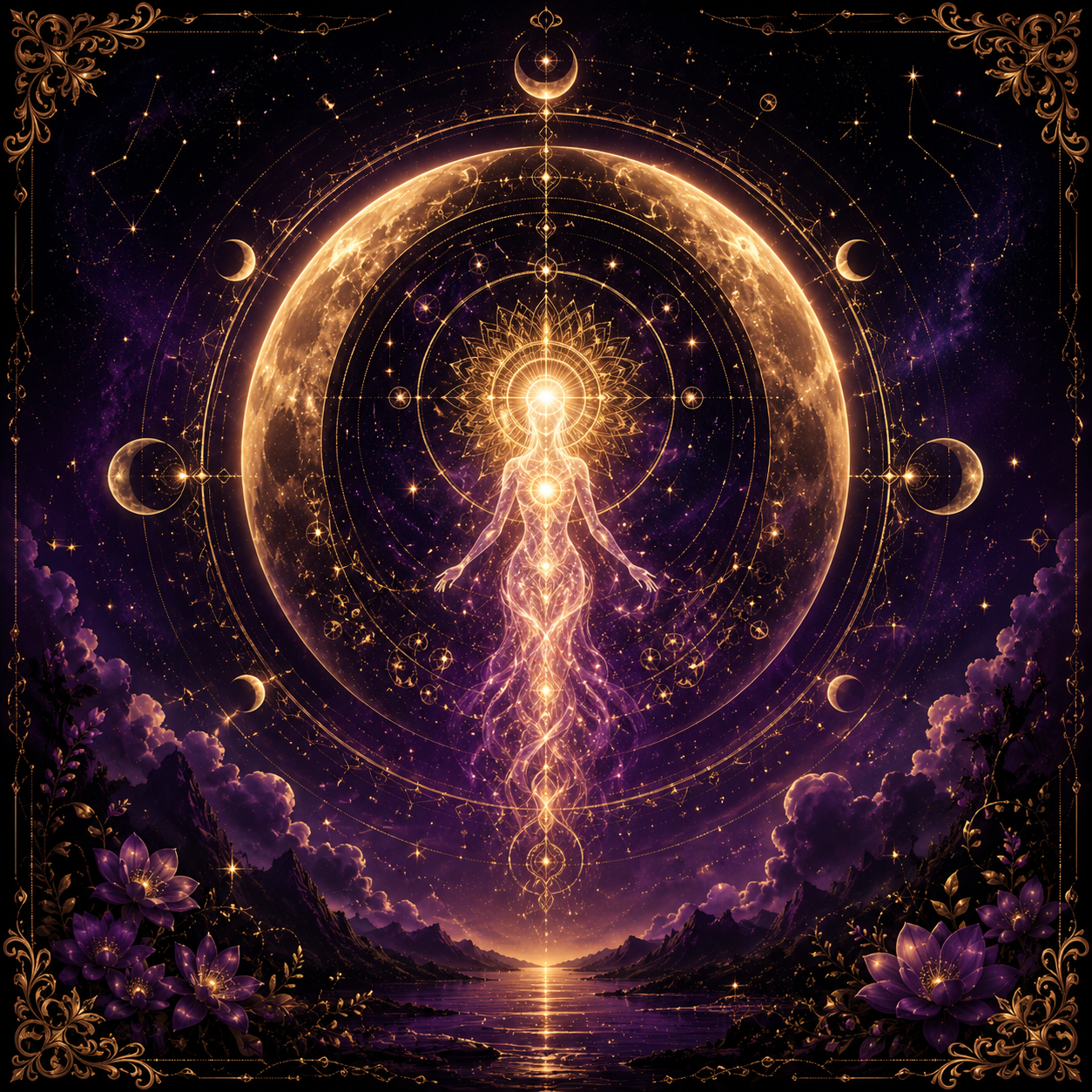 Purple and gold soul chart artwork with moon phases, constellations, and a luminous human silhouette