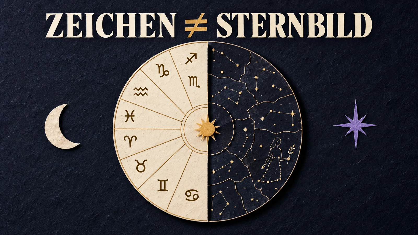Papiercollage mit einem geteilten Himmelsrad aus gleich großen Tierkreiszeichen und ungleich großen Sternbildflächen sowie der Überschrift Zeichen ungleich Sternbild