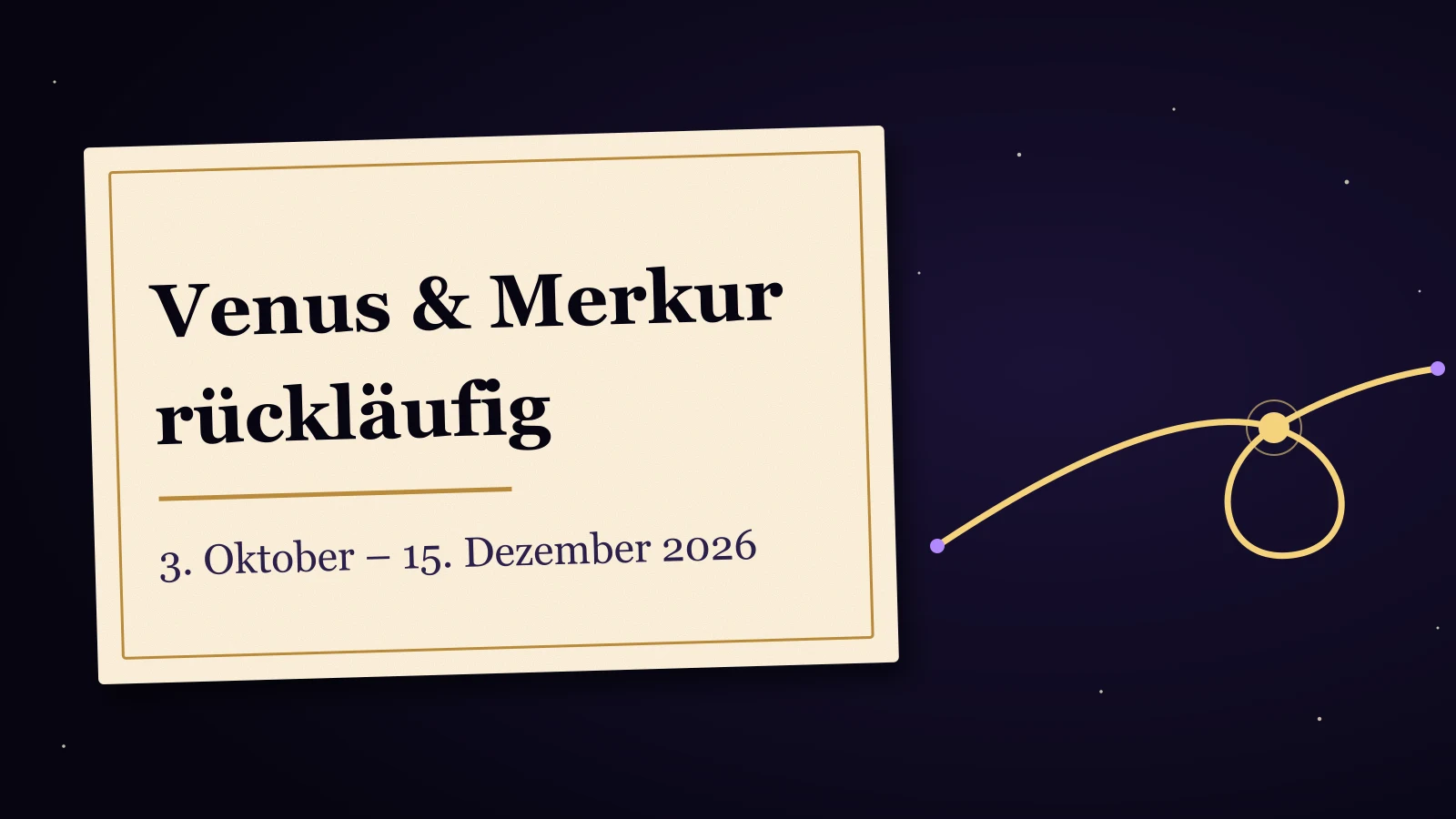 Nachtblaue Karte mit einer goldenen Schleifenbahn auf cremefarbenem Papier und der Überschrift Venus & Merkur rückläufig, darunter der Zeitraum 3. Oktober bis 15. Dezember 2026