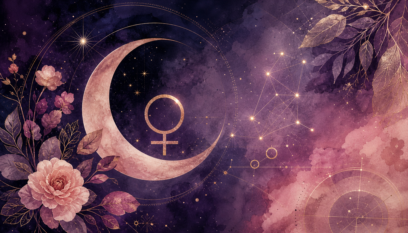A cosmic Venus crescent above delicate Virgo geometry and golden handwritten lines