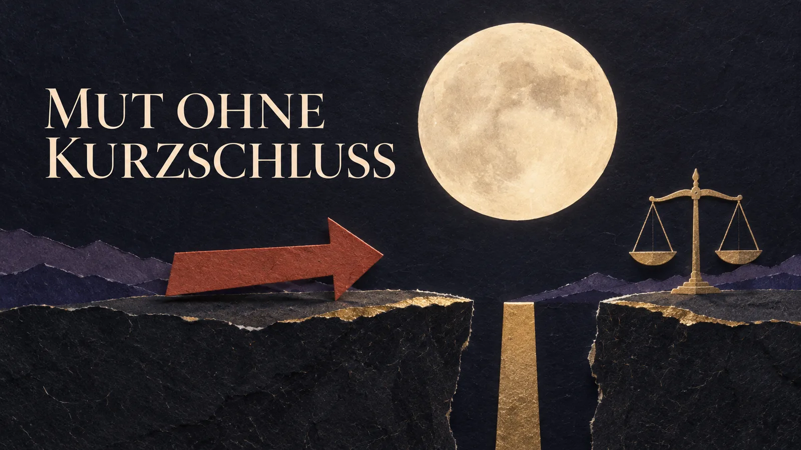 Papiercollage mit Vollmond, rotem Vorwärtspfeil vor einer Schwelle, goldener Waage und der Überschrift Mut ohne Kurzschluss.