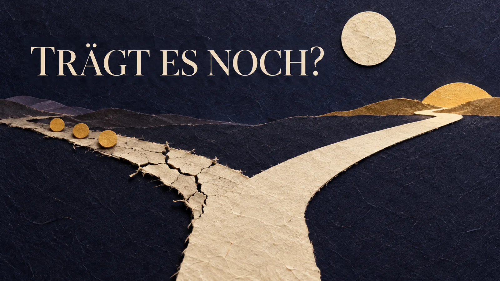 Papiercollage mit einem stabilen und einem rissigen Weg, zurückgelassenen Goldmarken und der Überschrift Trägt es noch?