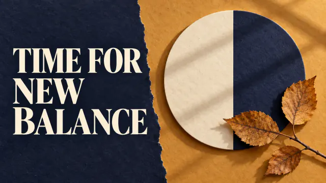 Paper collage with a cream and indigo circle, autumn leaves, and the headline Time for New Balance.