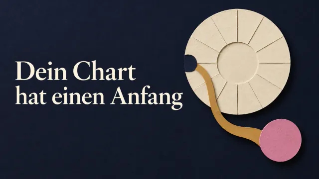 Papiercollage auf Indigo: Ein cremefarbenes Kreisrad ist über einen ockerfarbenen Streifen mit einer roséfarbenen Scheibe verbunden. Bildtext: Dein Chart hat einen Anfang.
