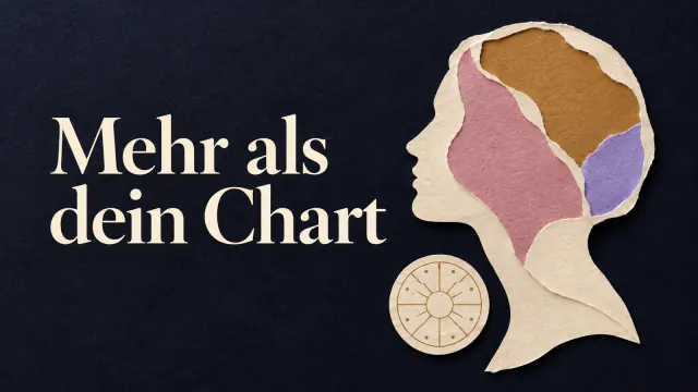 Papiercollage auf Indigo mit einem menschlichen Profil aus cremefarbenem Papier, farbigen Formen und einem symbolischen Horoskopkreis. Bildüberschrift: Mehr als dein Chart.