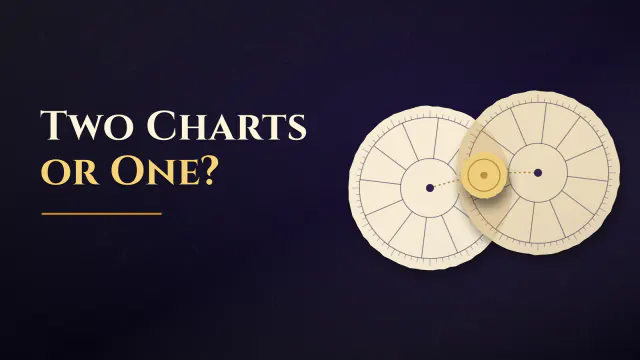 Paper collage on deep indigo: two cream paper chart wheels overlap, a small gold paper disk sits where they meet, with the headline Two Charts or One?
