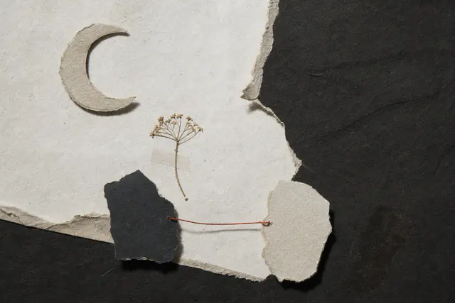 Handmade paper collage with a crescent moon, pressed flower, torn shapes, and red thread