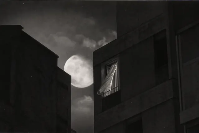 Monochrome urban night scene with moonlight, quiet buildings, and painterly grain