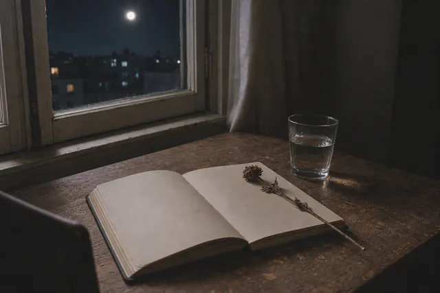 Dark moonlit still life of hand-painted everyday objects with a quiet atmosphere