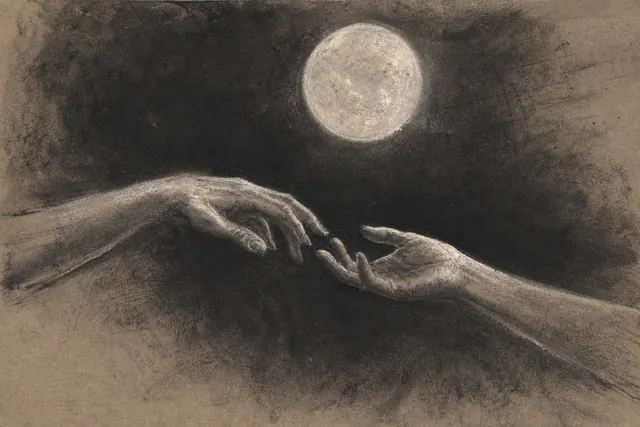 Expressive hands in charcoal carefully examining a small object rather than judging it