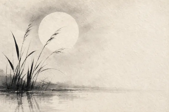 Ink painting of a low moon behind reeds, suggesting a quiet transition rather than a hard ending