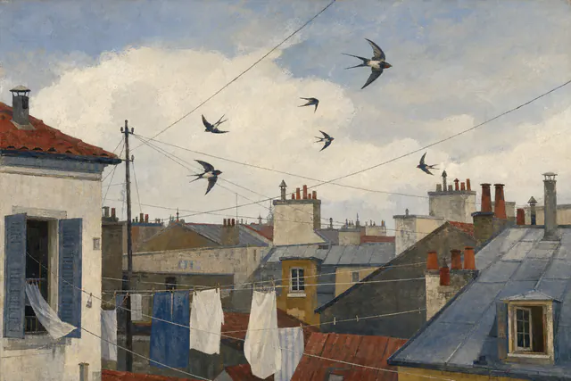 Tempera painting of swallows above old rooftops, open windows, and connecting laundry lines