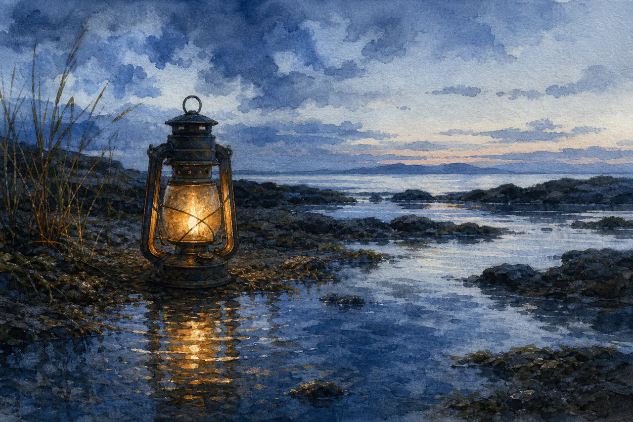 A glowing lantern beside dark water symbolizing quiet perception in the present moment