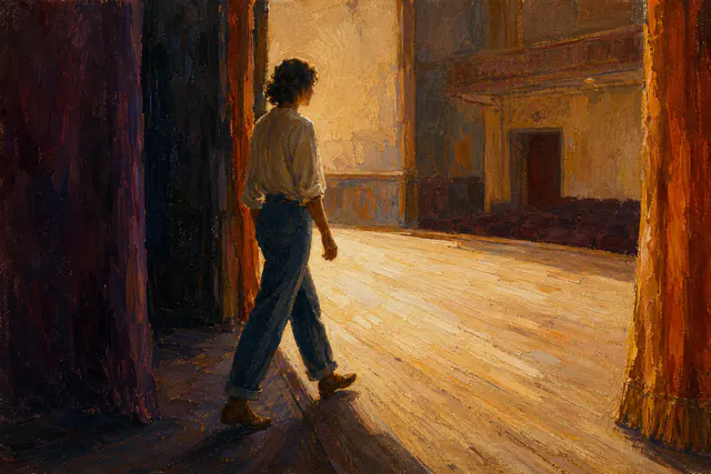 Expressive oil painting of a person stepping from a dark theater wing into warm stage light