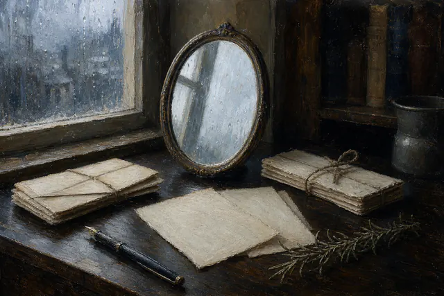 Oil-painted still life of old letters, a mirror, and a fountain pen beside a rain-streaked window