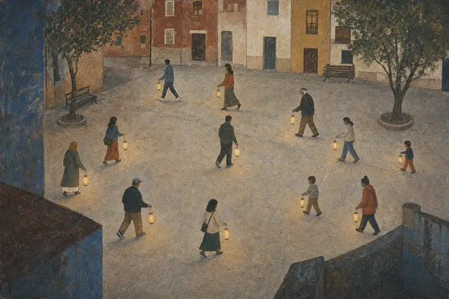 Glowing lanterns in a quiet square, symbolizing thoughts becoming clearer in the right environment