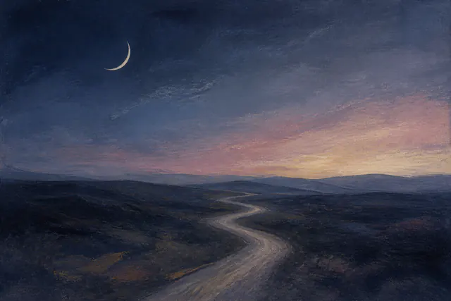 A pale winding path beneath a slender crescent moon, suggesting pause and a direction that remains open