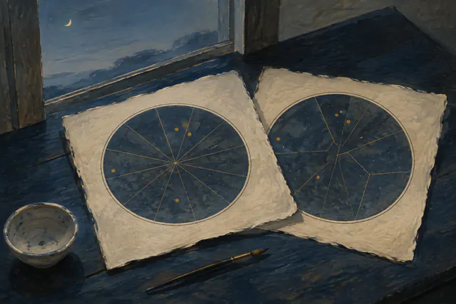 Painterly illustration of two circular sky maps on cream paper beside a blue twilight window