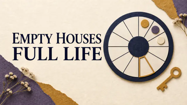 Paper collage with a symbolic house wheel and a key. Headline: Empty houses, full life.