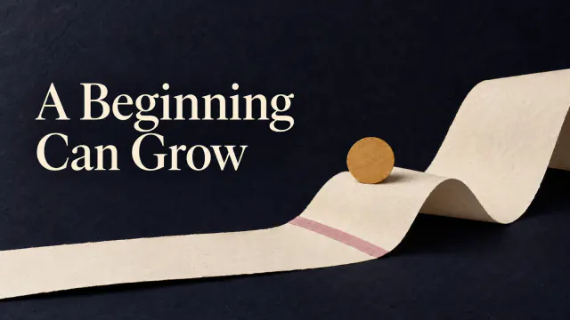 Paper collage on deep indigo with a folded strip of cream paper, an ochre circle, and a rose-colored strip. The headline reads: A Beginning Can Grow.