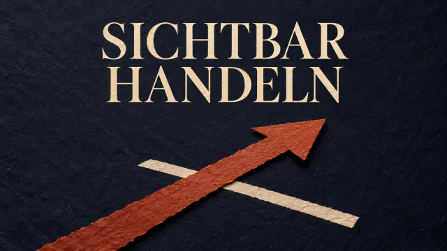 Papiercollage mit rotem Startknopf, ockerfarbener Spur und der Überschrift Sichtbar handeln