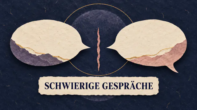 Zwei Papier-Sprechblasen stehen sich mit einer schmalen Grenze gegenüber; darunter der Titel Schwierige Gespräche
