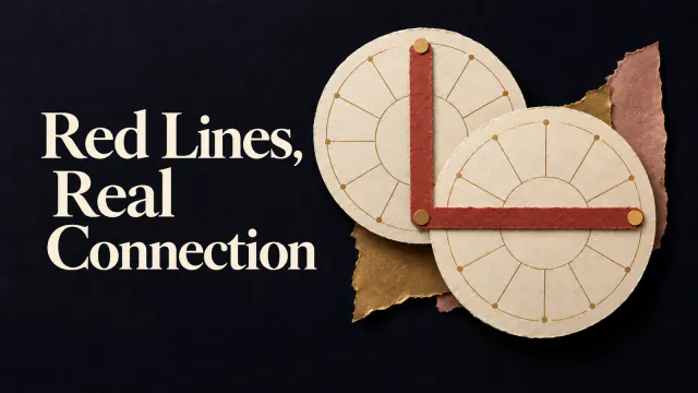 Paper collage on indigo: Two cream chart wheels joined by angular red paper strips, with the headline Red Lines, Real Connection.