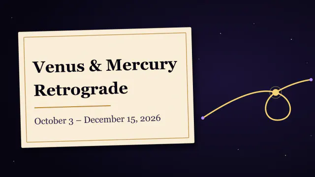 Midnight-blue card with a gold looping orbit on cream paper and the headline Venus & Mercury Retrograde, above the dates October 3 to December 15, 2026