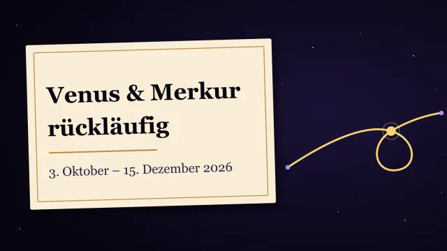 Nachtblaue Karte mit einer goldenen Schleifenbahn auf cremefarbenem Papier und der Überschrift Venus & Merkur rückläufig, darunter der Zeitraum 3. Oktober bis 15. Dezember 2026