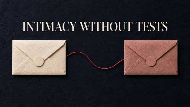 Paper collage with two sealed envelopes, a red thread, and an open door beneath the headline Intimacy Without Loyalty Tests